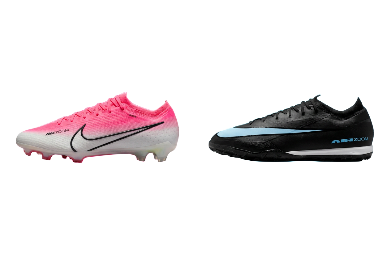 Chuteiras Alpha Esporte — Nike Mercurial rosa e Society preta/azul